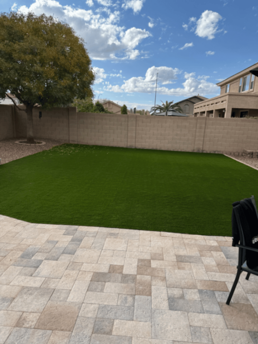 Thorn residence Mesa AZ wide turf lawn framed by shade tree and travertine paver patio