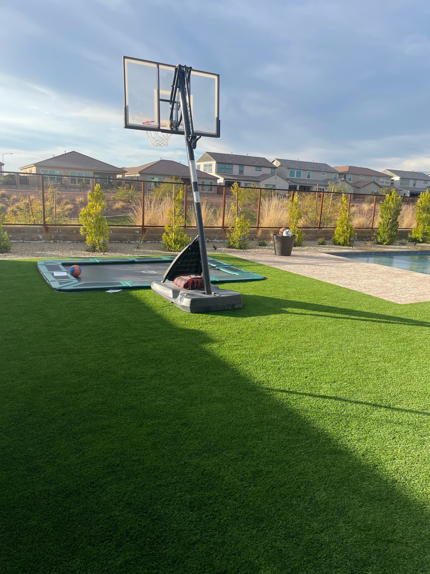 Peoria backyard artificial turf lawn with in-ground trampoline, portable basketball hoop and privacy hedge along iron view fence