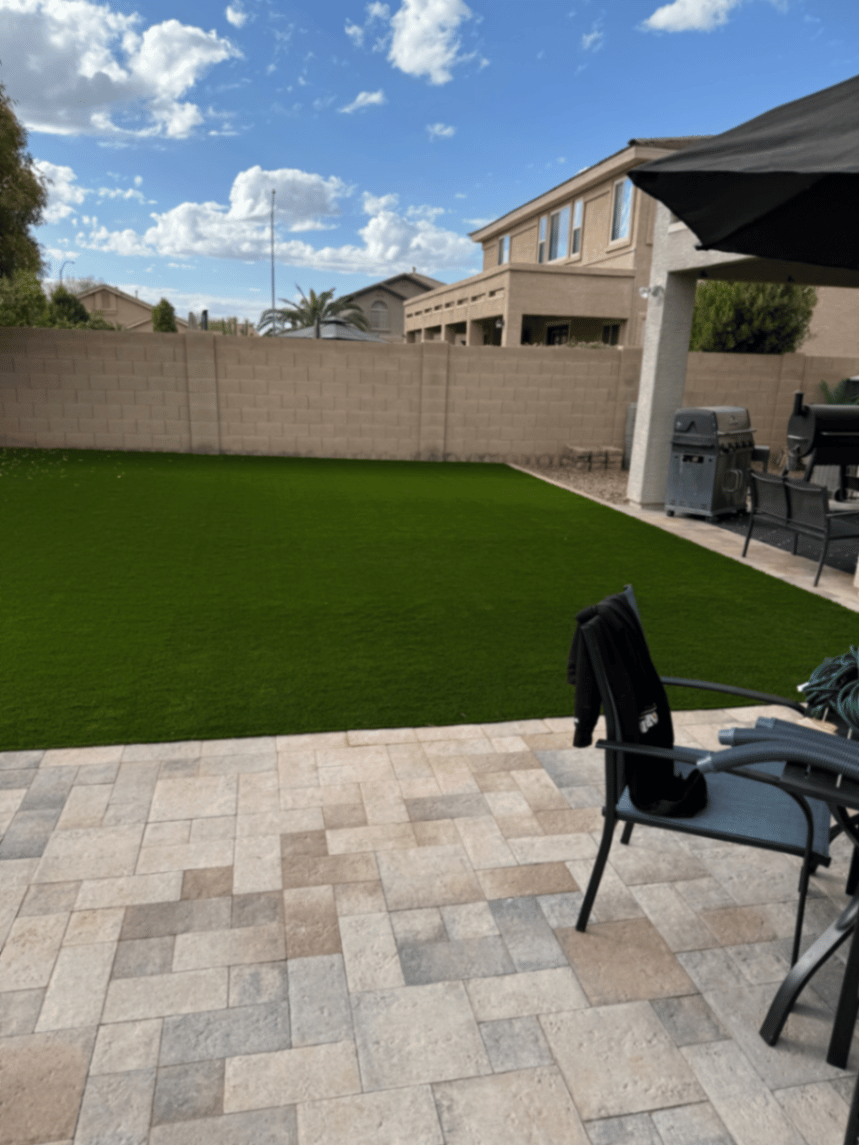 Thorn residence Mesa AZ turf lawn with grill zone and paver dining patio