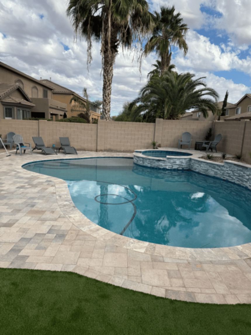 Thorn residence Mesa AZ pool and spa with travertine deck and lounge chairs