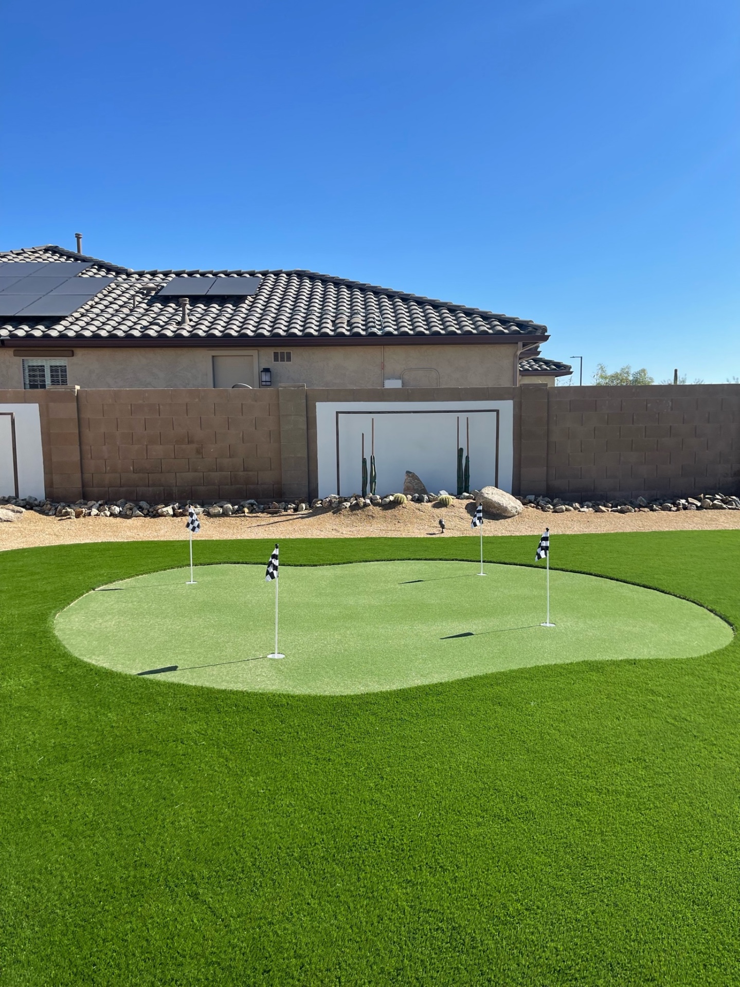 Goodyear backyard artificial putting green with 4 flags framed by turf lawn and desert rockwork border by AE Outdoor Living