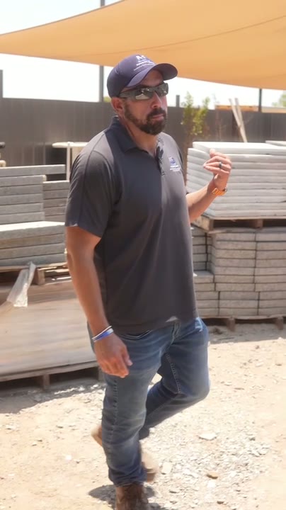 Outdoor showroom walkthrough — fountain, pavers, shade, sound, vendor partners
