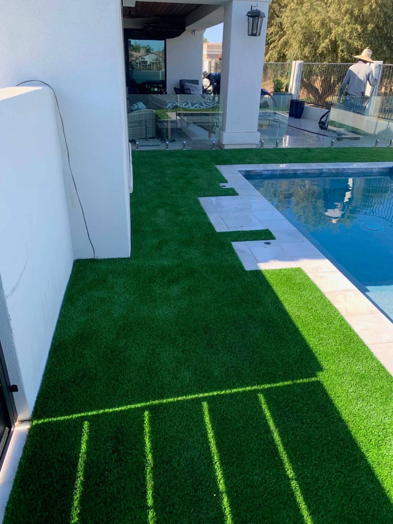 Pet-rated artificial turf landscape with cool-fill in an Arizona backyard