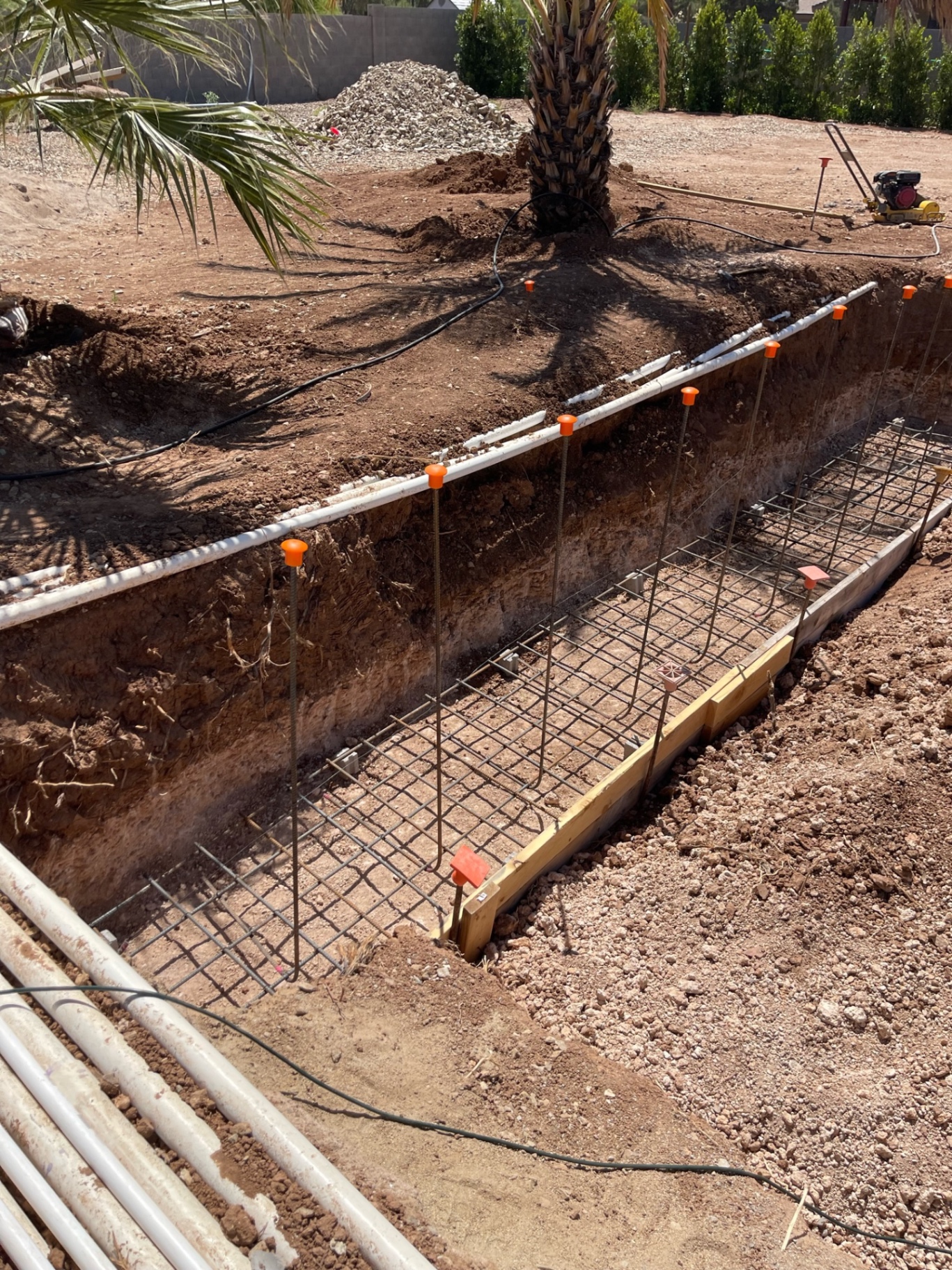 Rebar footing trench running past palm trees with plumbing sleeves laid along the grade line