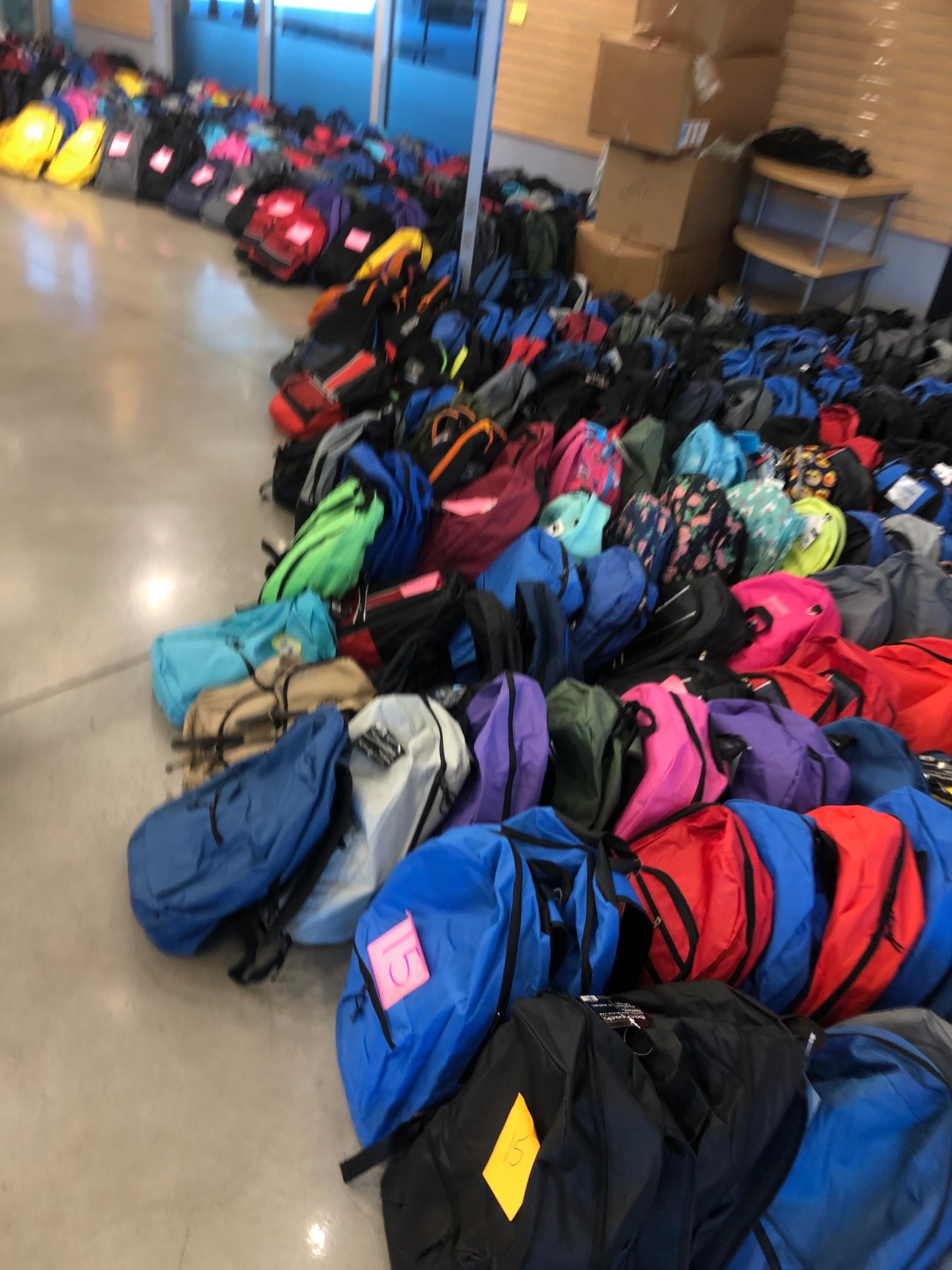 Long curving row of backpacks tagged with grade-level numbers stretching down a hallway