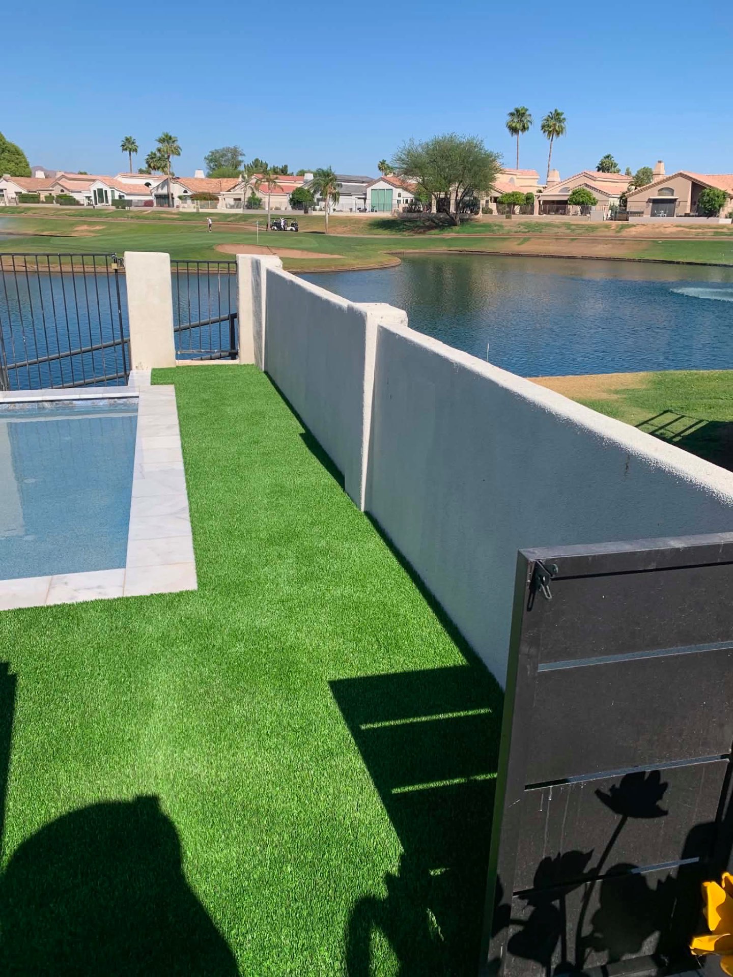 Pet-rated artificial turf landscape with cool-fill in an Arizona backyard