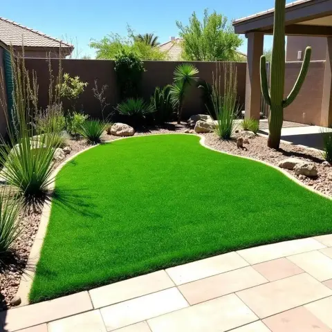 Family backyard with premium artificial turf installed by AE Outdoor Living