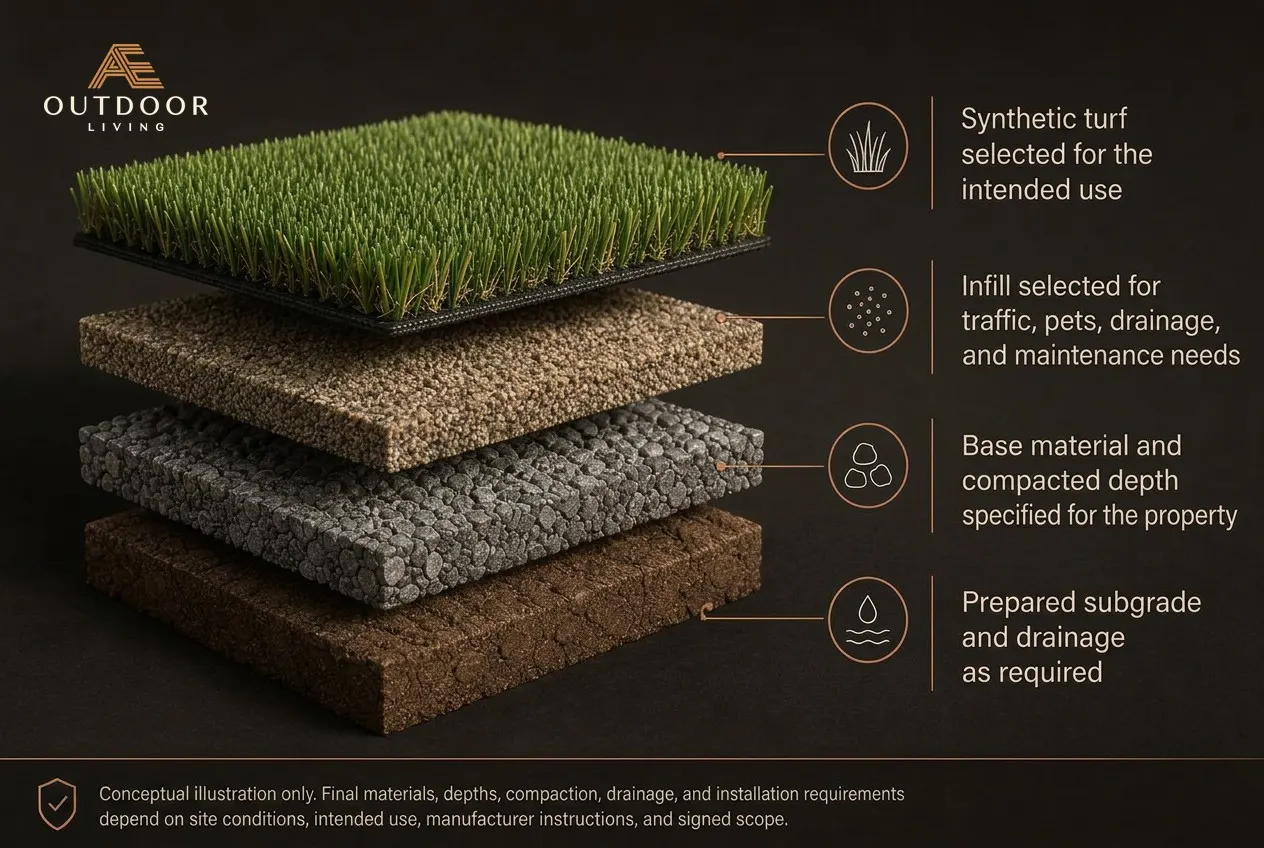 Conceptual exploded illustration of an artificial turf system: synthetic turf, infill, base material, and prepared subgrade with drainage — final materials, depths, compaction, and installation depend on site conditions, intended use, manufacturer instructions, and signed scope.