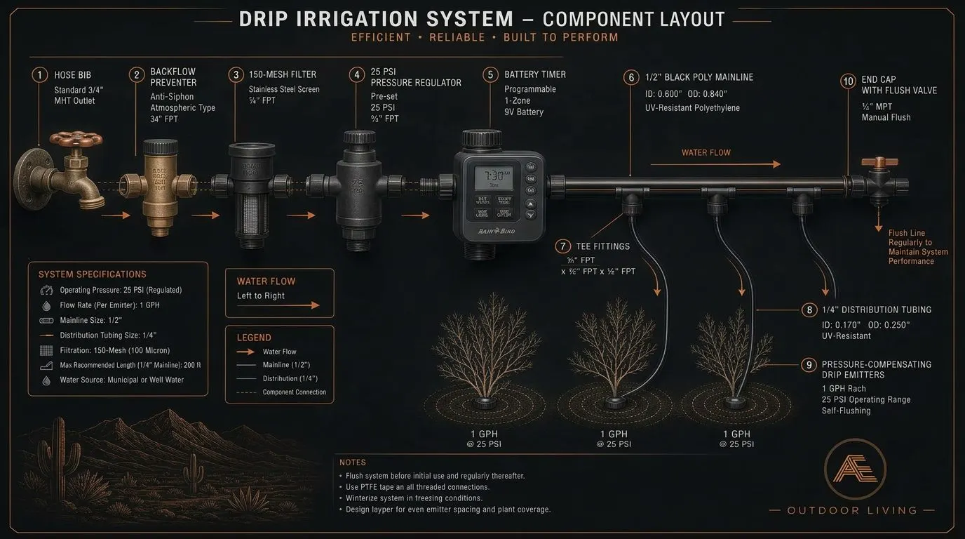 Drip irrigation component layout — hose bib, backflow preventer, 150-mesh filter, 25 PSI pressure regulator, battery timer, 1/2-inch poly mainline branching to 1/4-inch distribution tubing with pressure-compensating drip emitters at desert shrubs