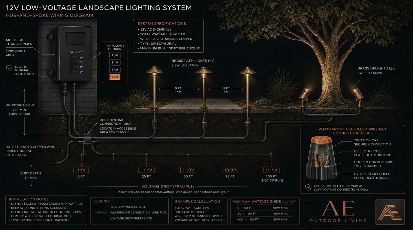 12-volt low-voltage landscape lighting wiring diagram — multi-tap transformer, direct-burial 12-2 stranded wire in a hub-and-spoke layout, brass path lights, brass uplights at a tree, and a waterproof gel-filled wire nut detail with voltage drop callouts