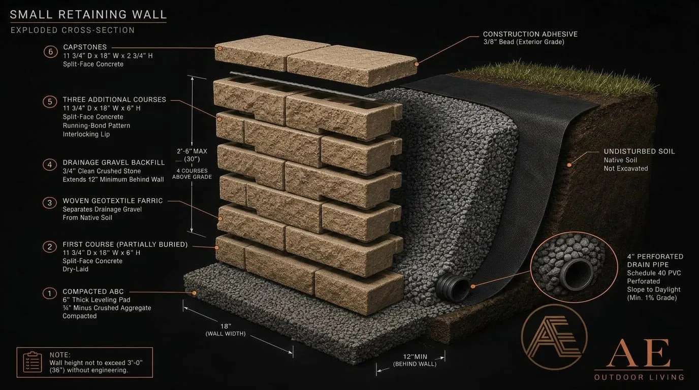 Exploded cross-section of a small Arizona retaining wall under 3 feet — 6-inch compacted ABC leveling pad, dry-laid first course of split-face tan retaining wall block buried, three additional courses with interlocking lip, drainage gravel backfill with 4-inch perforated drain pipe, woven geotextile fabric, and adhered capstones