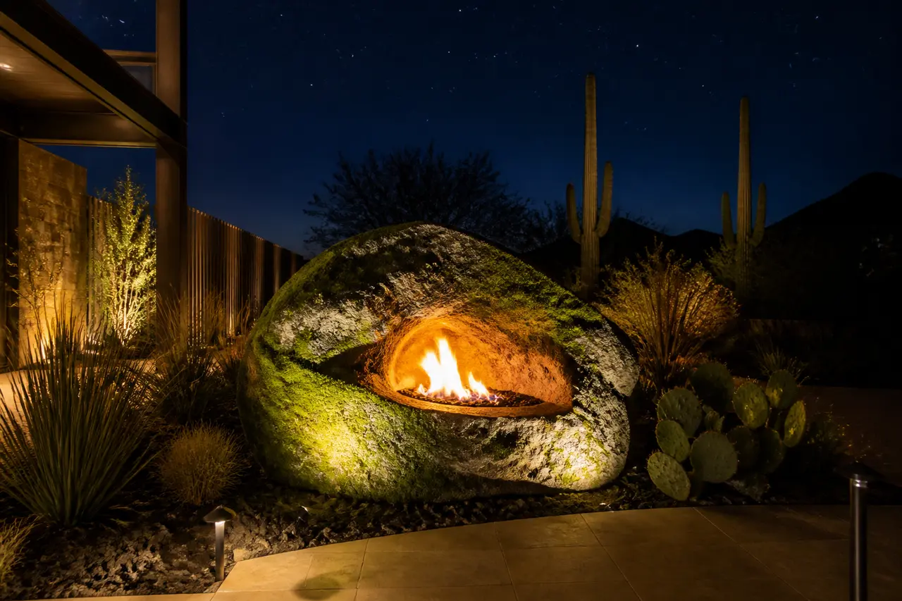 Boulder Fire Feature — Natural boulder carved with a gas burner cavity. by AE Outdoor Living