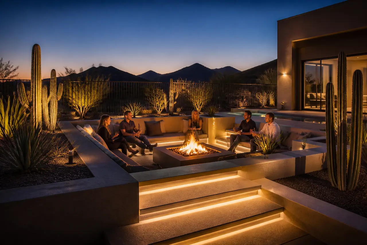 Sunken Conversation Pit — Built-in sunken seating zone with center fire feature. by AE Outdoor Living
