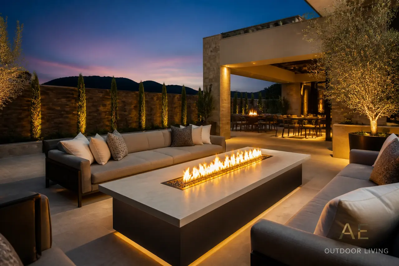 Linear Fire Table — Long modern fire trough integrated into dining or lounge area. by AE Outdoor Living