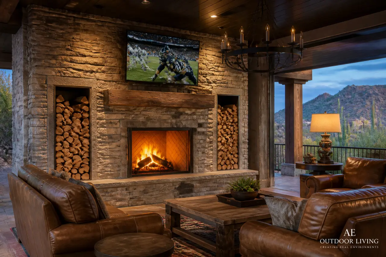 Outdoor Fireplace — Full hearth fireplace with mantel, chimney, and wood-storage flank. by AE Outdoor Living