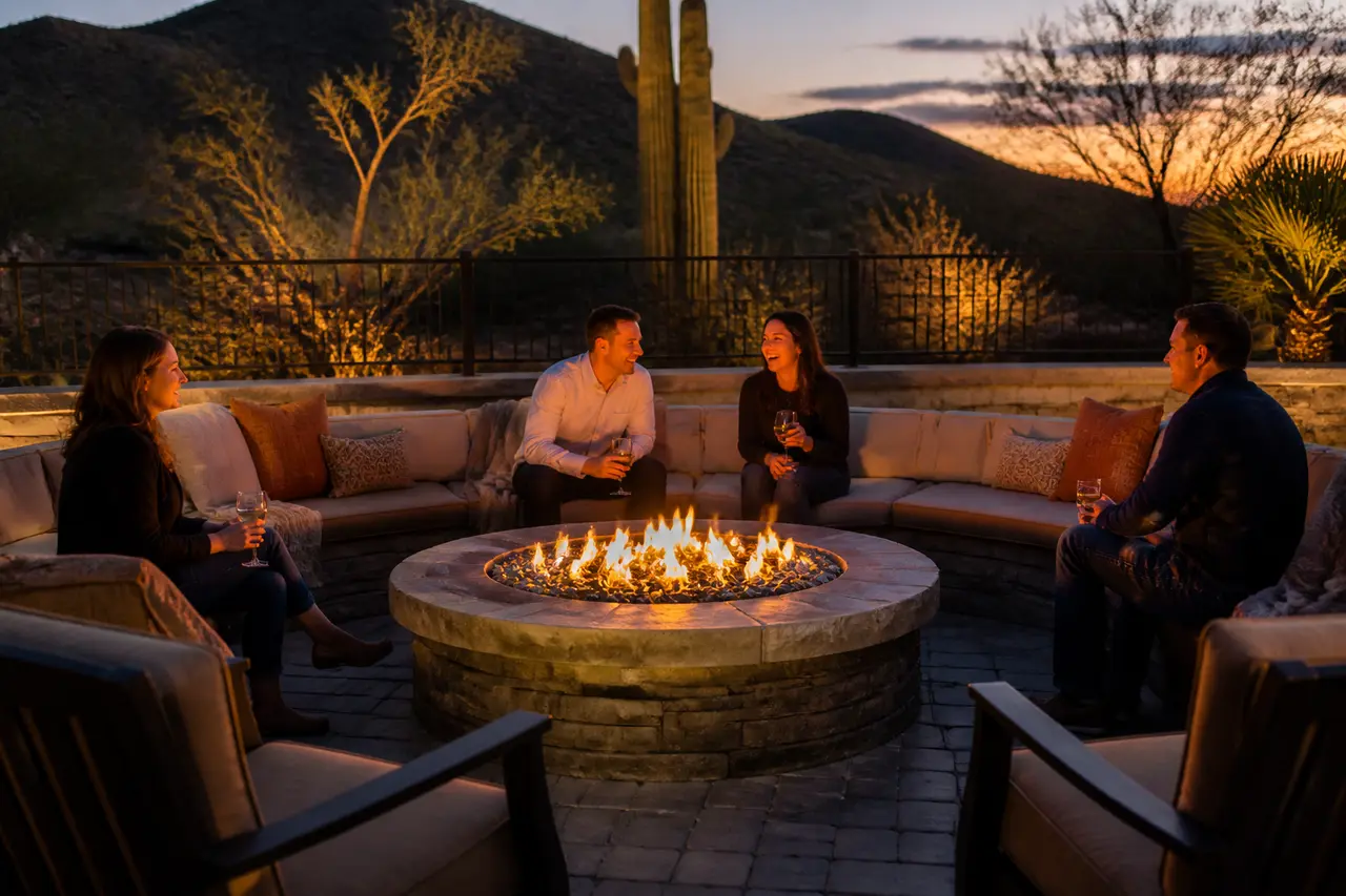 Classic Round Stone Pit — 48" stacked-stone gas fire pit with paver seating ring. by AE Outdoor Living