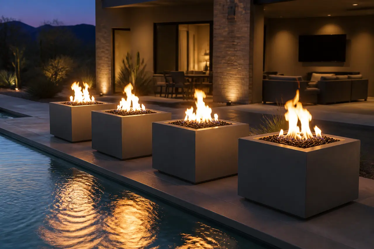 Square Cube Fire Bowls — Modern square cube fire bowls in pairs or runs. by AE Outdoor Living