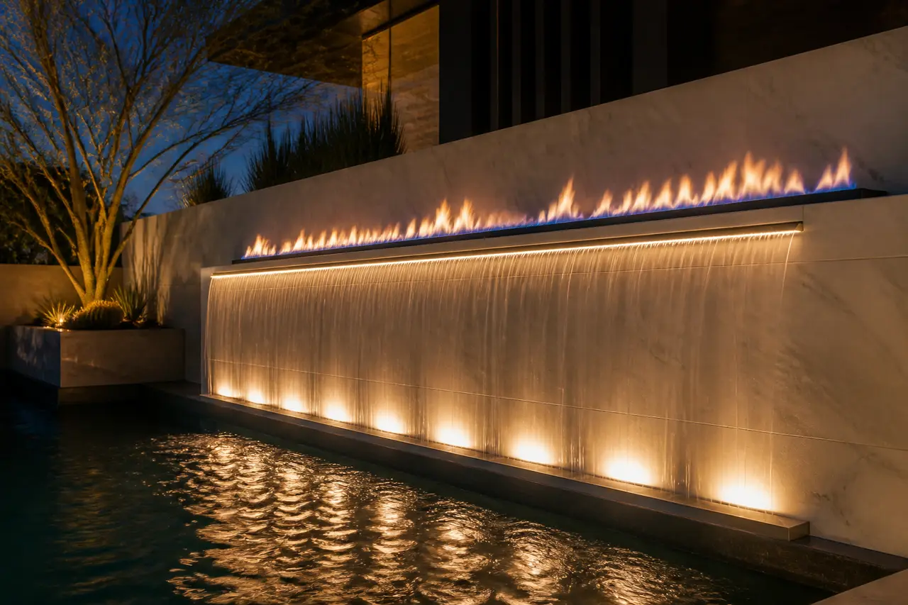 Fire & Water Feature Wall — Architectural wall with linear fire above a falling water sheet. by AE Outdoor Living