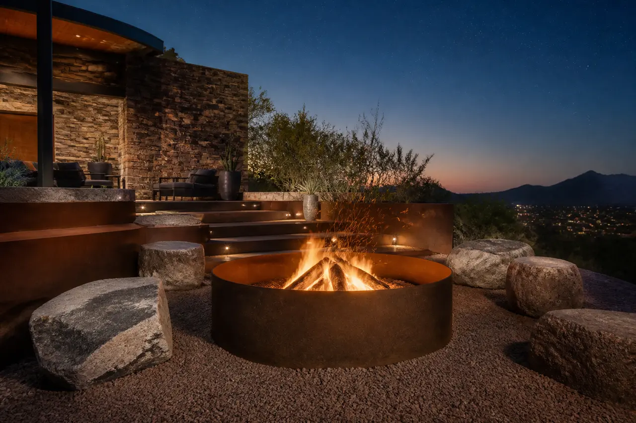 Wood-Burning Pit — Real wood fire pit with steel ring and gravel surround. by AE Outdoor Living