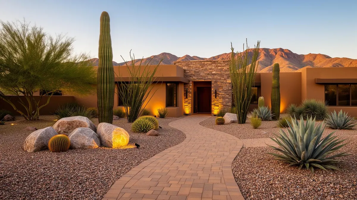 Arizona front yard with desert plants, boulders and pavers