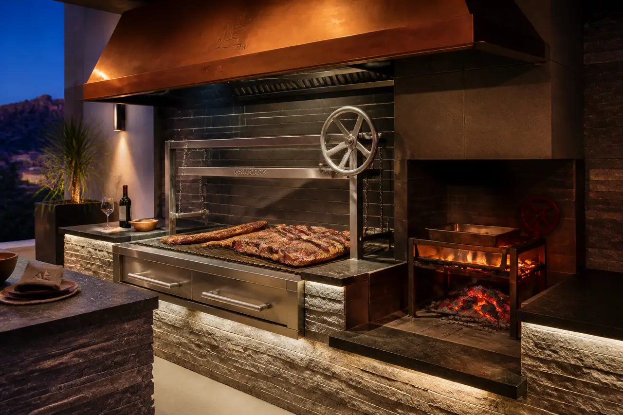 Argentine Asado Station — Wood-fired grill + brasero + parrilla wheel. by AE Outdoor Living