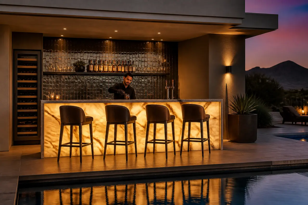 Modern Cocktail Bar — Pool-side bar with kegerator, sink, and ice trough. by AE Outdoor Living