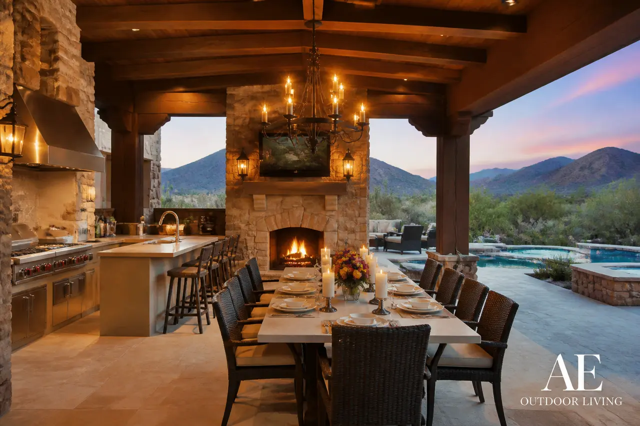 Covered Loggia Kitchen — Full outdoor kitchen + dining under a tile-roofed loggia. by AE Outdoor Living