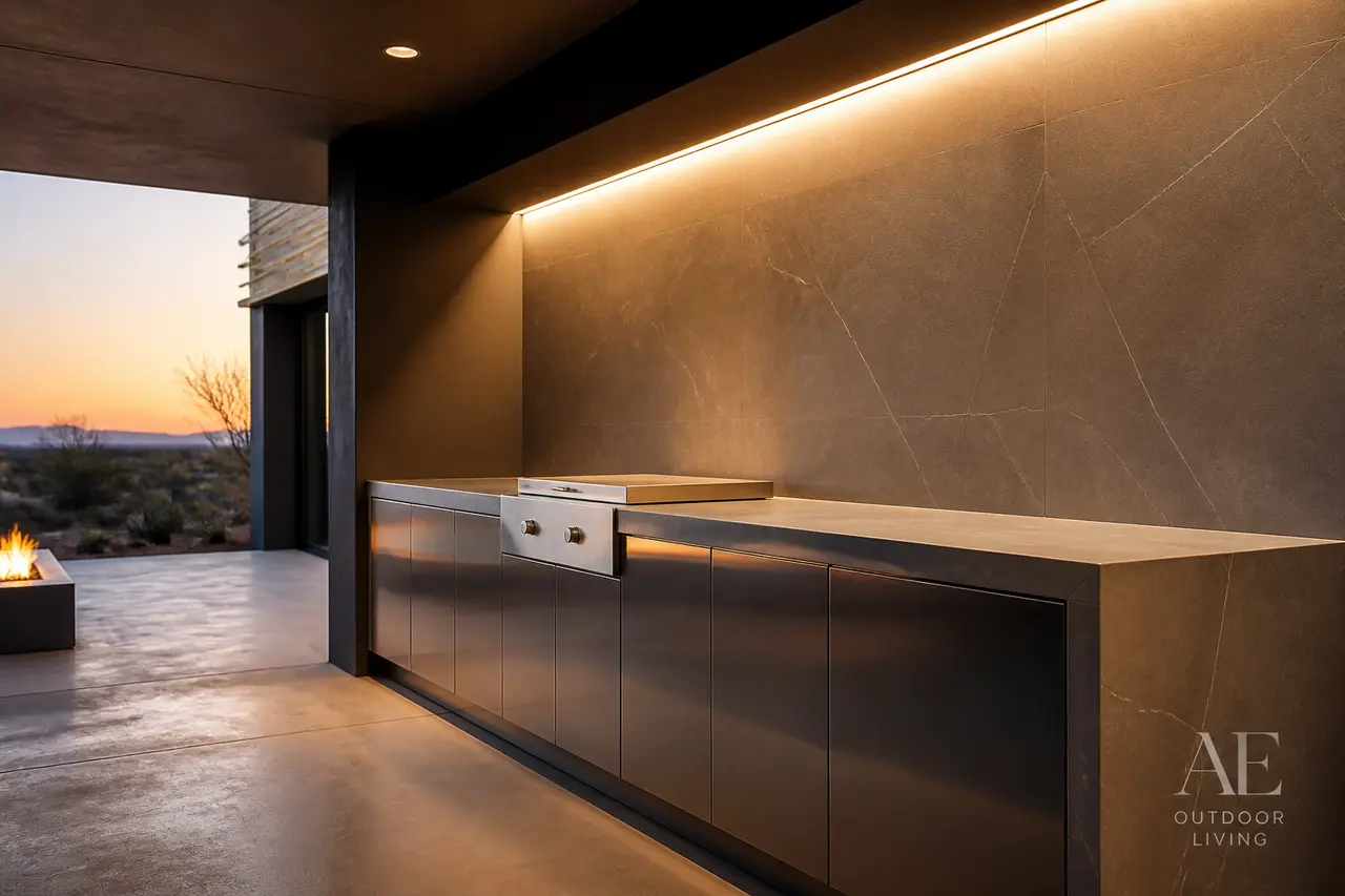 Minimal Modern Galley — Sleek galley kitchen with hidden appliances and slab counter. by AE Outdoor Living