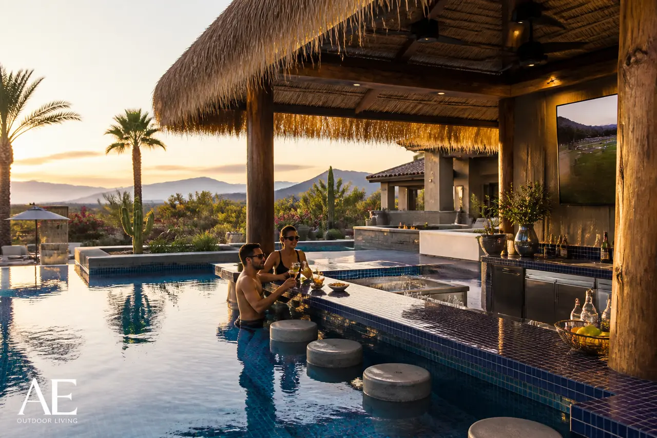 Swim-Up Pool Bar — In-pool barstools facing a covered swim-up bar. by AE Outdoor Living