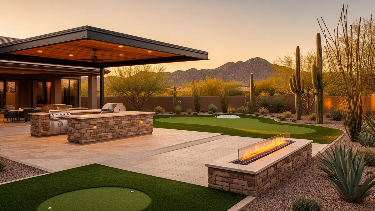 Mid-size yard with ramada, putting green and lighting at dusk