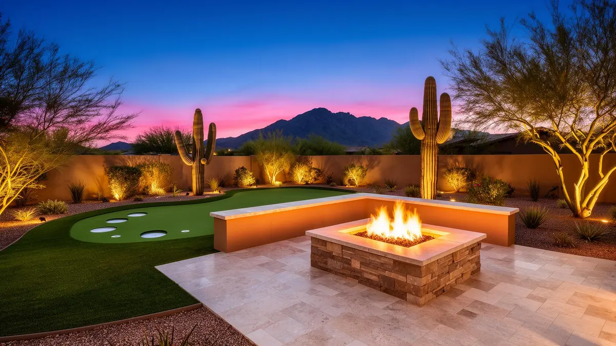 Small Arizona yard upgraded with travertine and raised planter