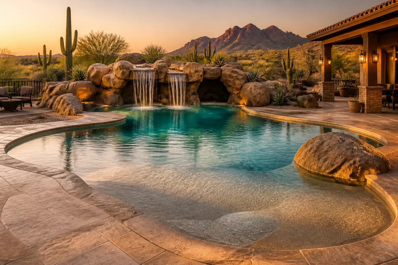 Desert Freeform Lagoon — Curved, naturalistic shape with rock waterfall. by AE Outdoor Living