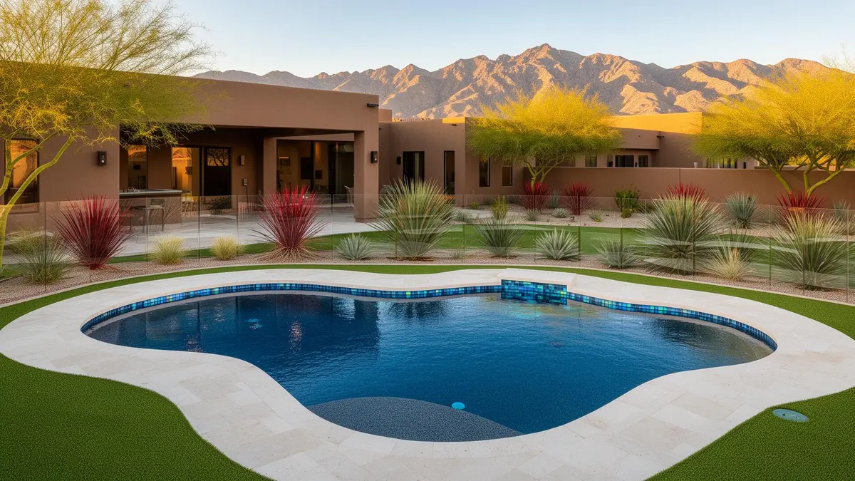 Arizona play pool with travertine deck and turf surround