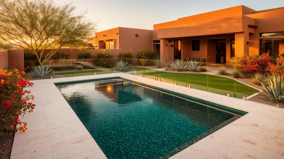 Compact Arizona plunge pool with travertine deck