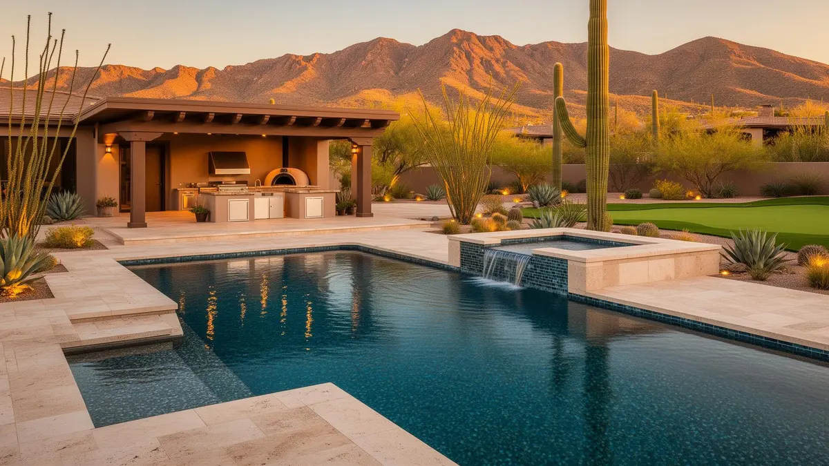 Resort-style Arizona pool with spa, baja shelf and ramada