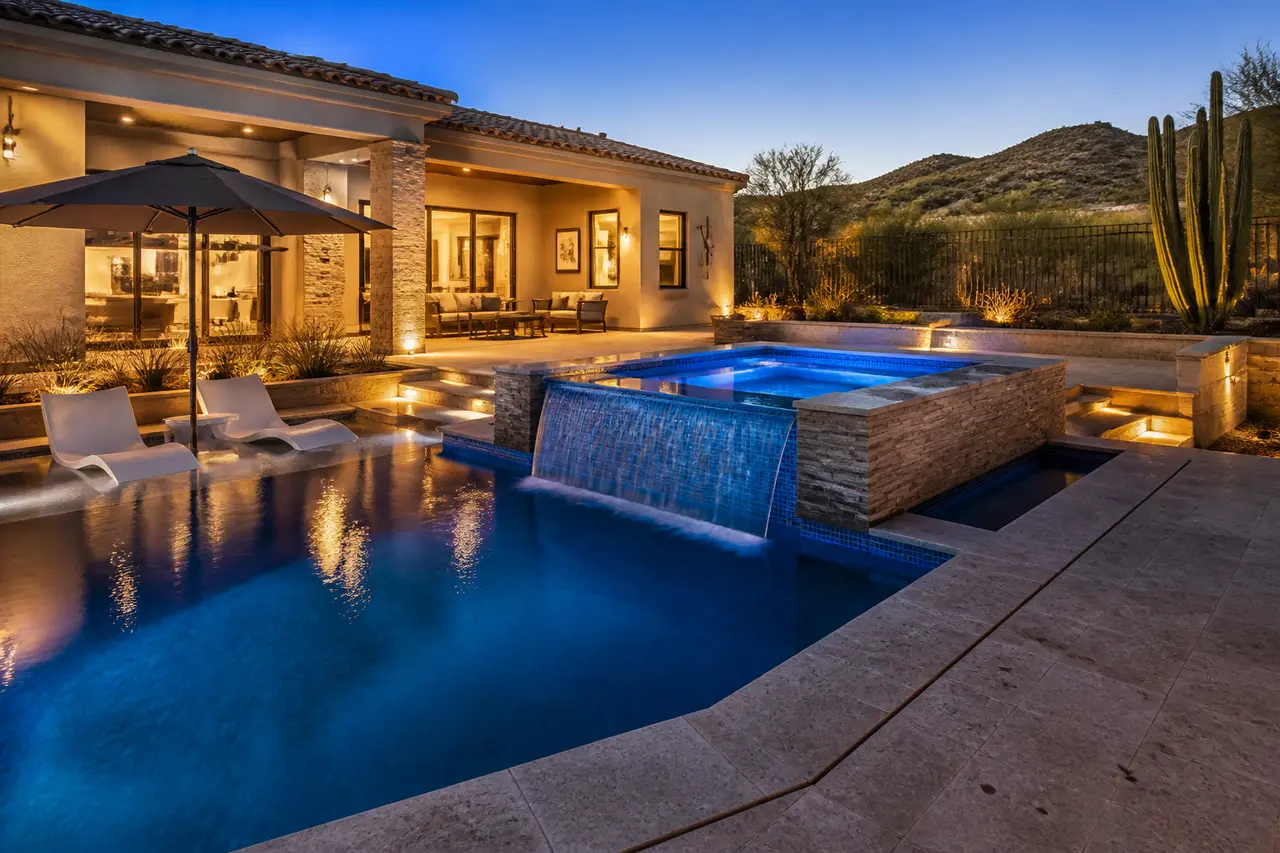 Scottsdale Spa Spillover — Resort-style pool with raised spa and signature spillway. by AE Outdoor Living