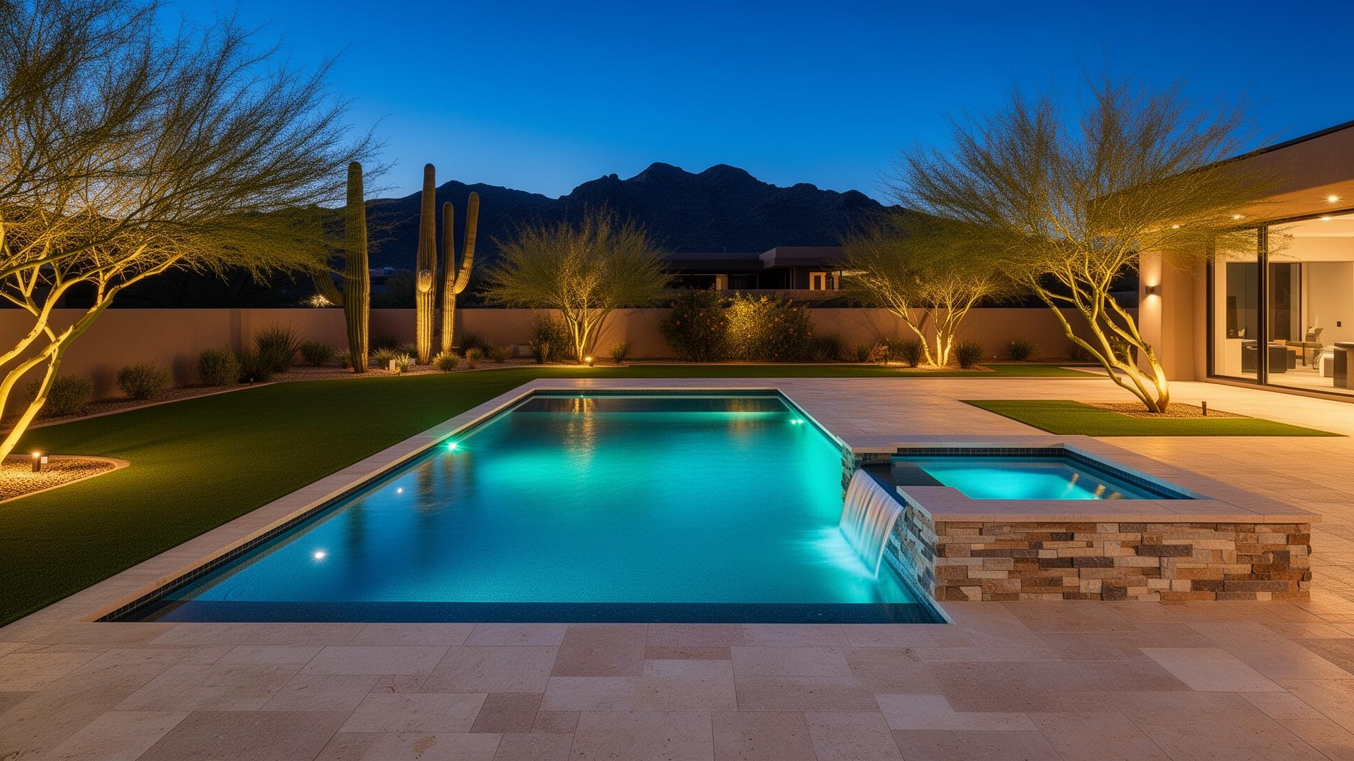 Arizona pool with raised spa and travertine deck at dusk