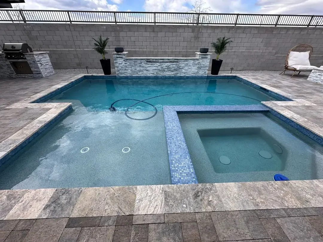 AE outdoor living project in Scottsdale — Silverleaf at DC Ranch — pool, spa, frameless glass, and stone deck