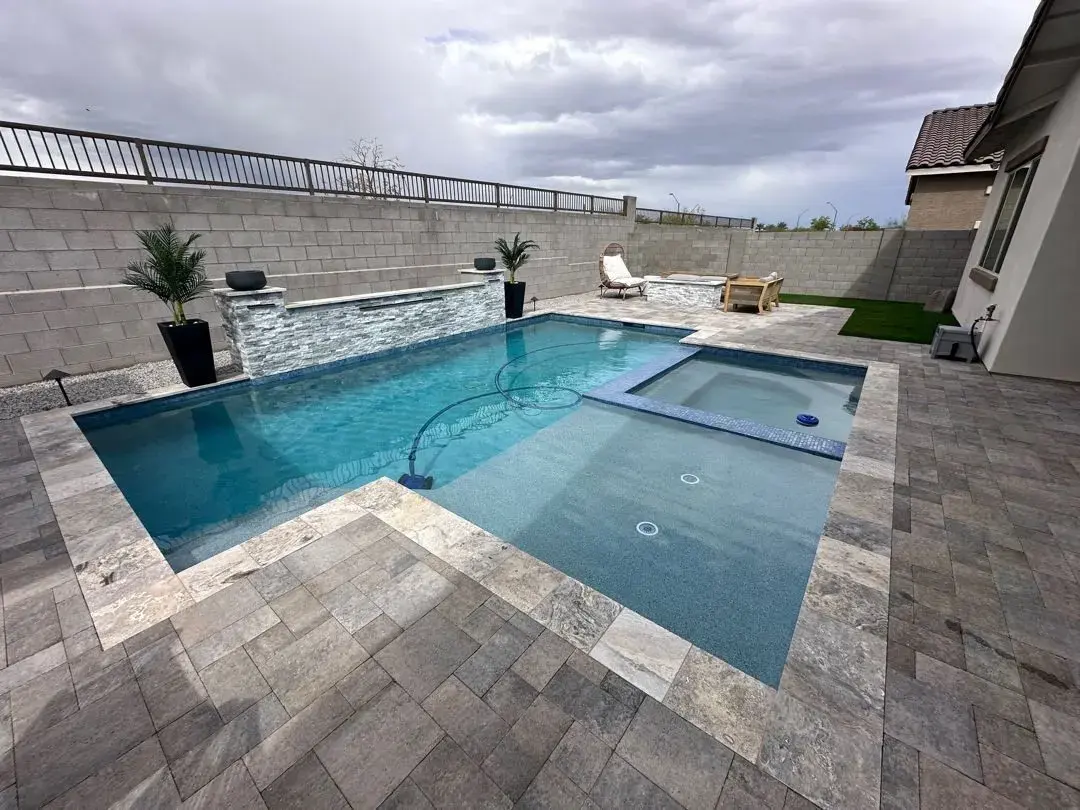 Completed AE Outdoor Living project at Silverleaf at DC Ranch — pool, spa, frameless glass, and stone deck in Scottsdale, AZ (image 2)