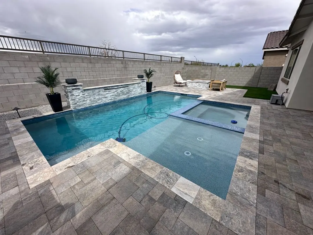 Completed AE Outdoor Living project at Silverleaf at DC Ranch — pool, spa, frameless glass, and stone deck in Scottsdale, AZ (image 2)