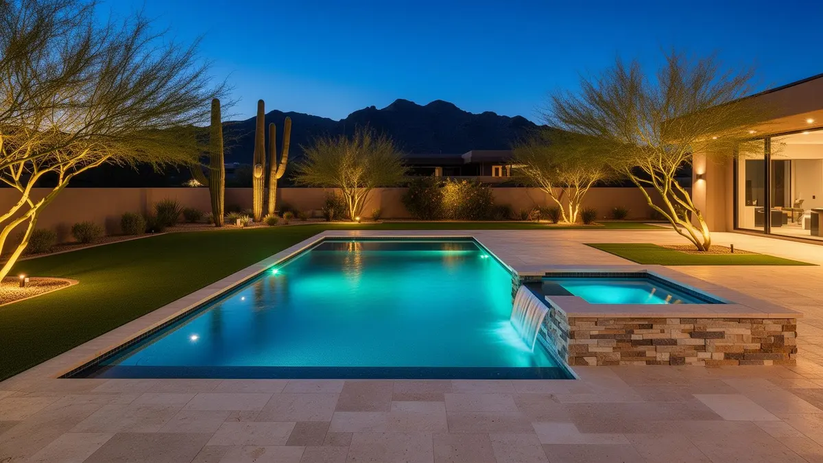 Arizona pool with raised spa and travertine deck at dusk