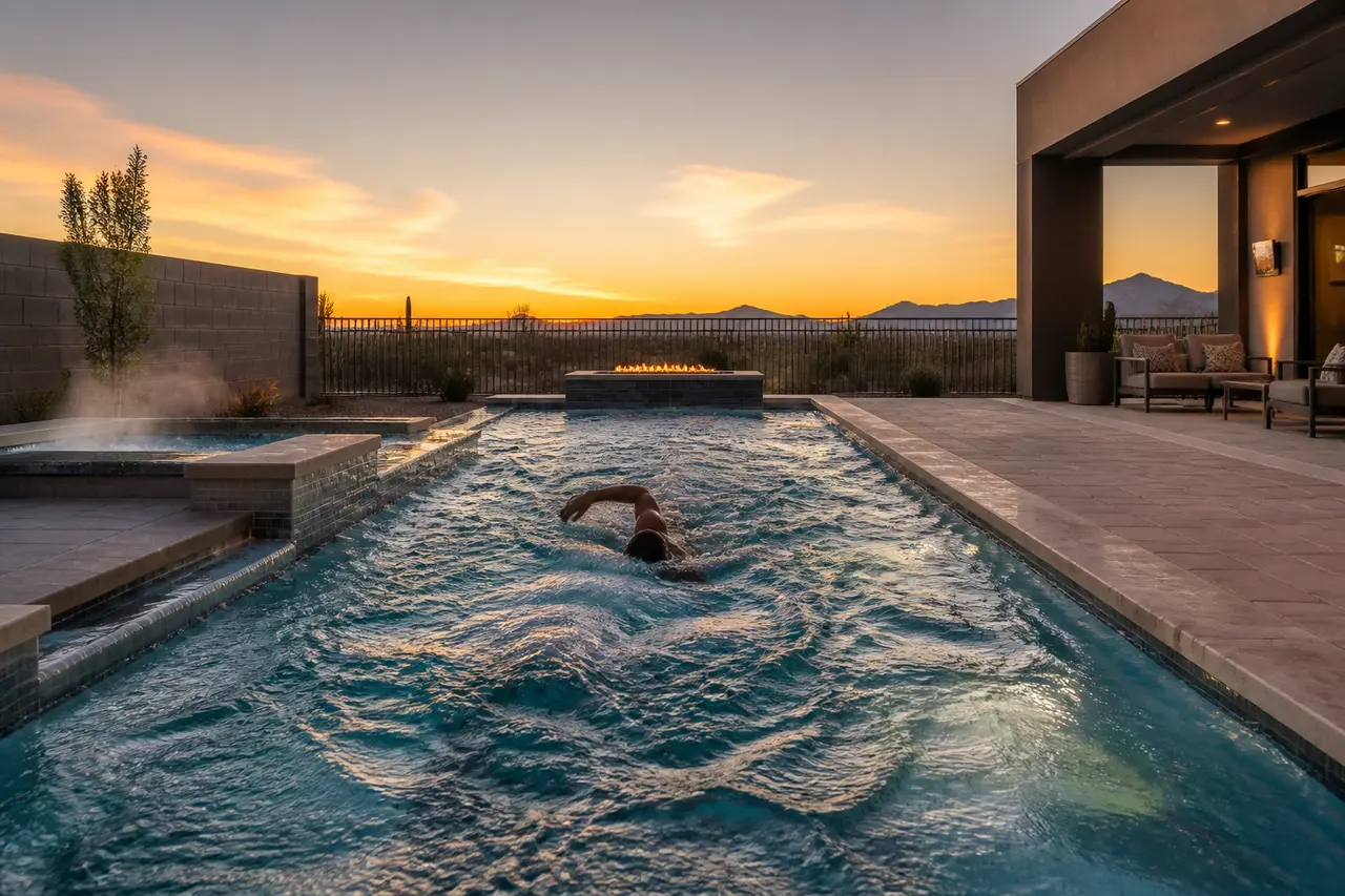 Swim-Spa Hybrid — Endless-current swim lane with integrated spa. by AE Outdoor Living
