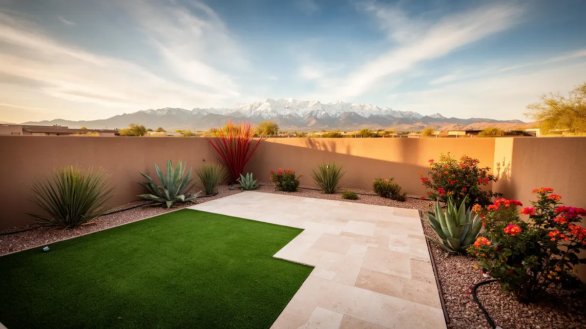 Compact Arizona courtyard with turf and pavers