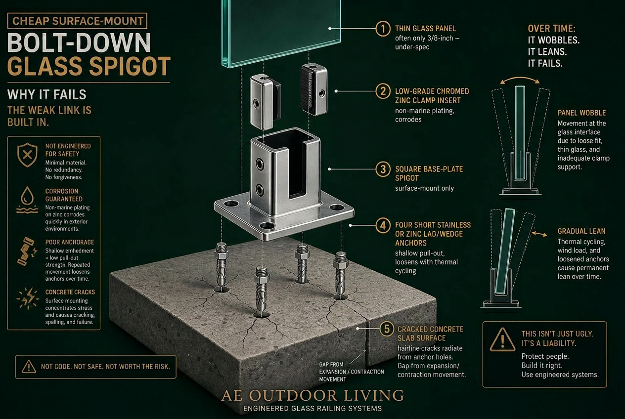 Exploded axonometric of a cheap Amazon bolt-down surface-mount glass spigot showing under-spec thin glass, low-grade chromed zinc clamps, shallow wedge anchors, and cracked concrete from expansion and contraction
