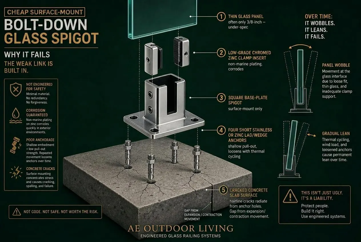 Exploded axonometric of a cheap Amazon bolt-down surface-mount glass spigot showing under-spec thin glass, low-grade chromed zinc clamps, shallow wedge anchors, and cracked concrete from expansion and contraction