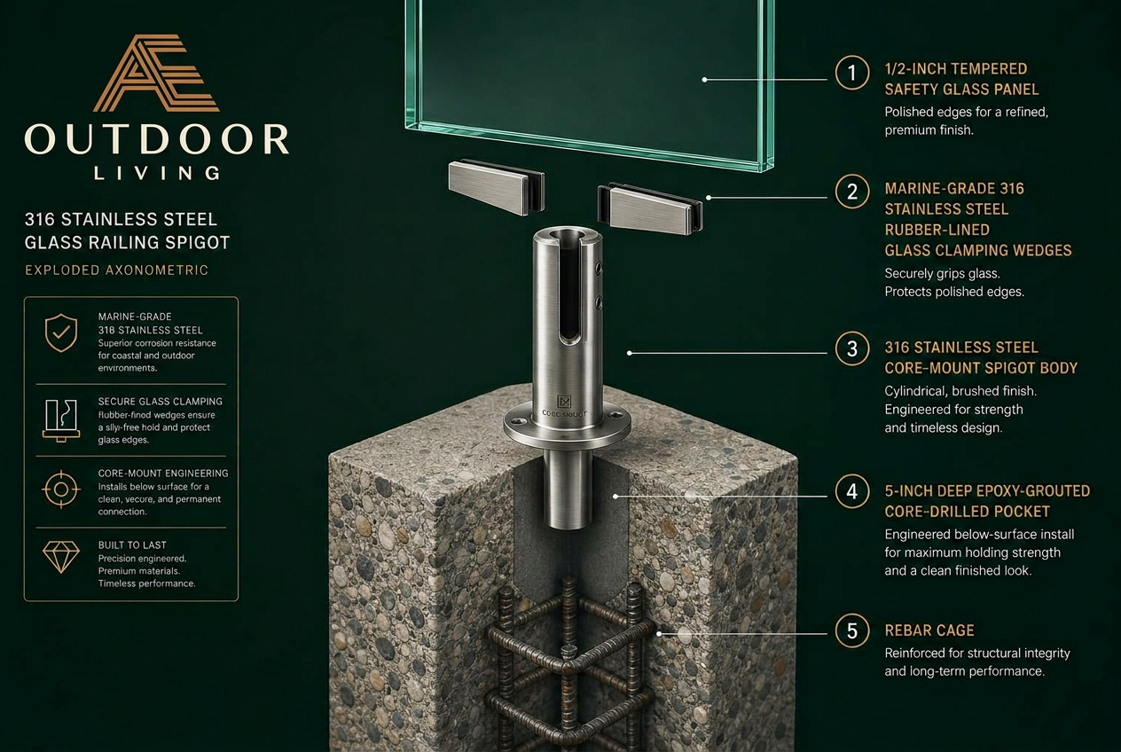 Exploded axonometric of a core-mount 316 stainless glass spigot embedded in a concrete footing with rebar cage, 1/2-inch tempered safety glass panel, and rubber-lined clamping wedges