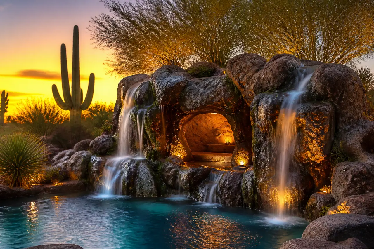 Boulder Waterfall & Grotto — Naturalistic stacked-boulder waterfall with walk-behind grotto. by AE Outdoor Living