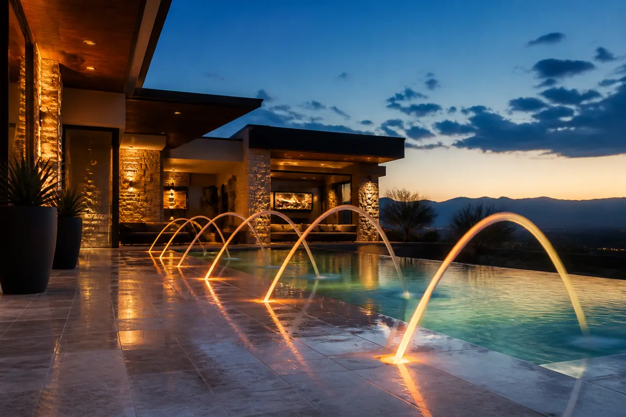 Arched Deck Jets — Synchronized laminar jets arching across the pool. by AE Outdoor Living