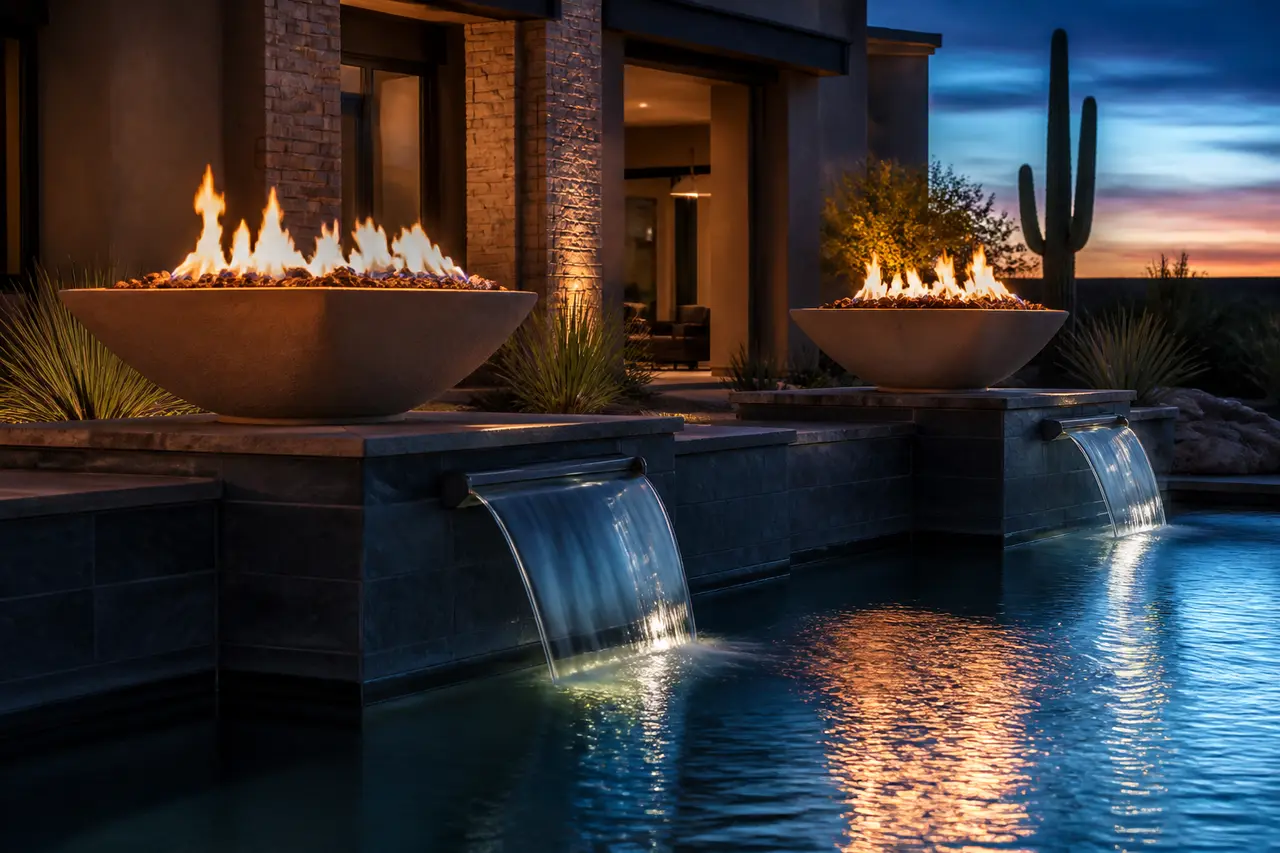 Fire & Water Bowls — Twin pedestal bowls — fire on top, water spilling from below. by AE Outdoor Living