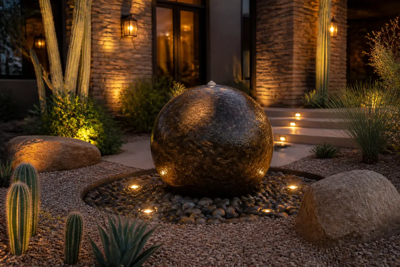Pillar Bubblers & Sphere Fountains — Standalone sculptural fountains for non-pool yards. by AE Outdoor Living